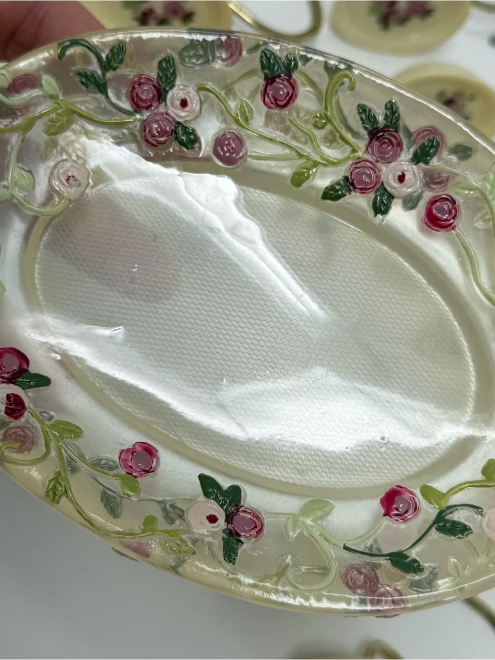 Vintage Grandma-core 23 Shower Hooks, Soap Dish Cream with Roses Lot Shabby Chic